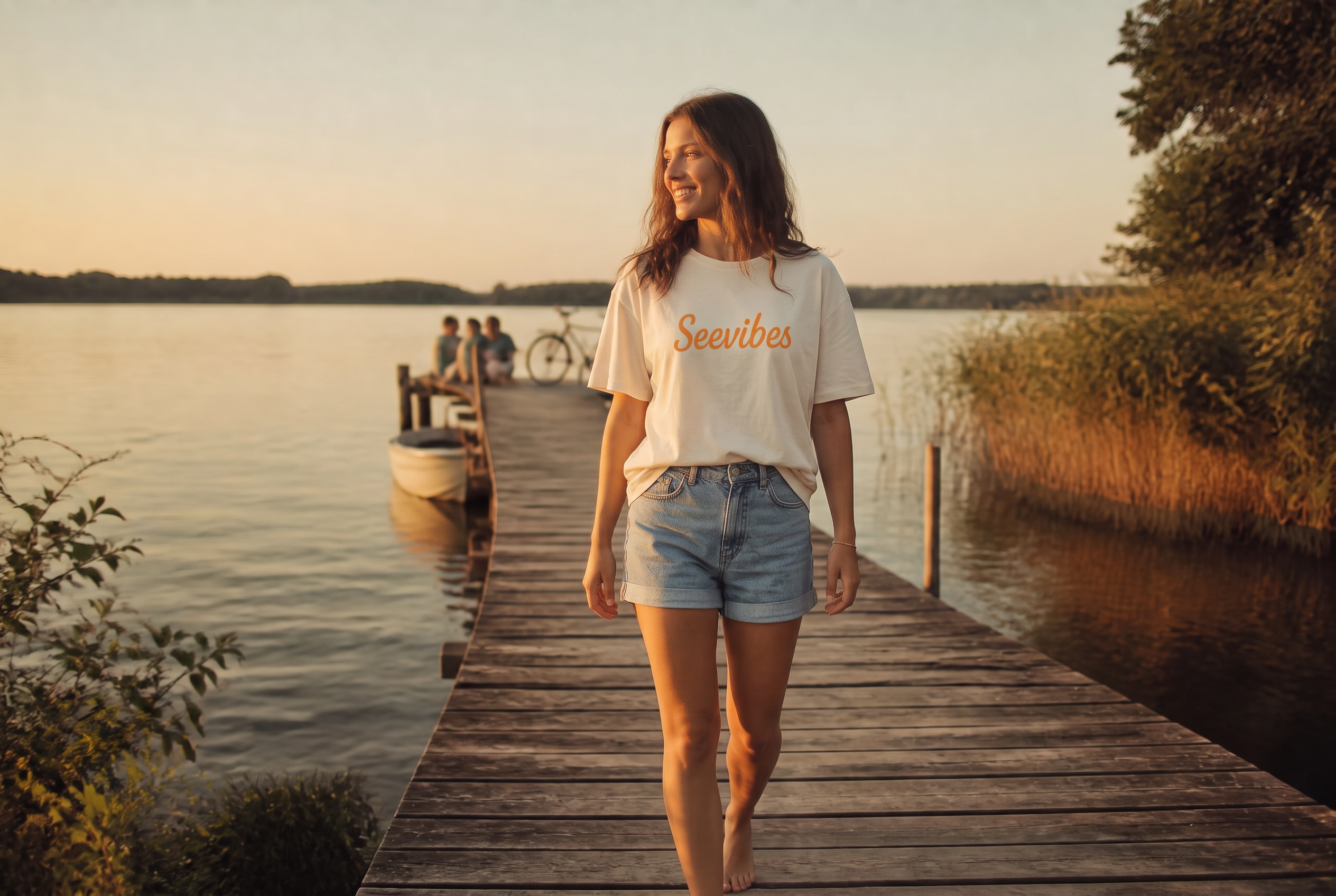 Frau geht barfuß über einen langen Holzsteg an einem See im Fünfseenland, Freunde und ein Rad im Abendlicht