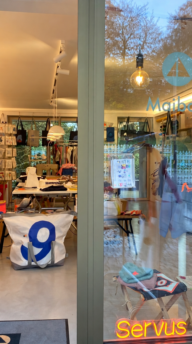 Eingang des Seevibes Ladens in Weßling mit großer Glasfront, orangefarbenem Servus-Neonschriftzug und liebevoll eingerichtetem Innenraum